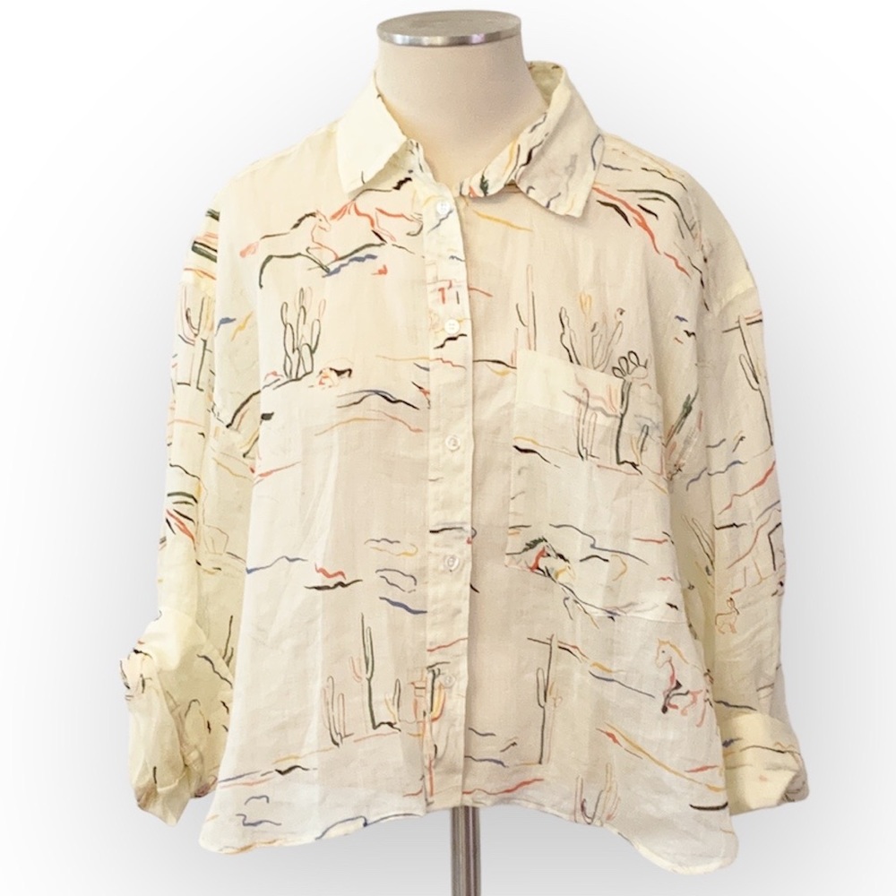 Banana Republic Cream Button Down Shirt with Multicolor Print